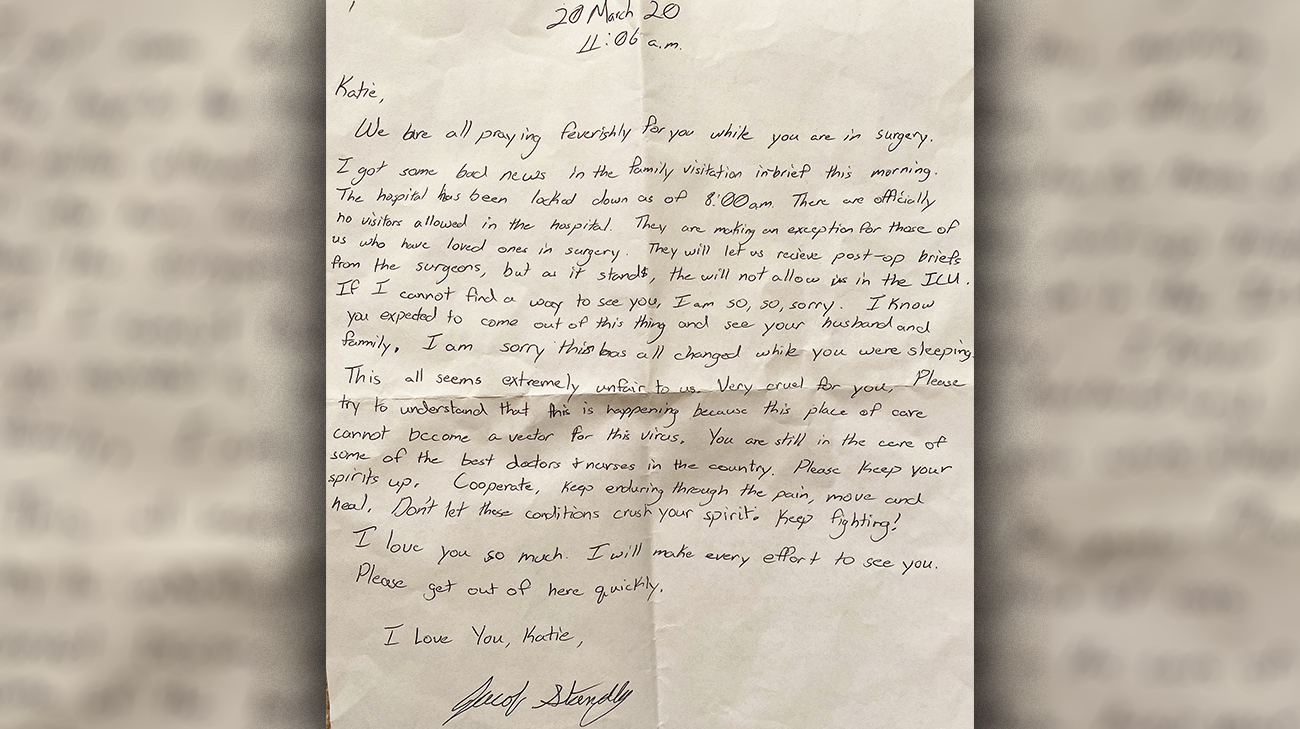 这是杰克给凯蒂写的一封信，因为由于COVID-19的安全协议，他在心脏手术后无法住院。