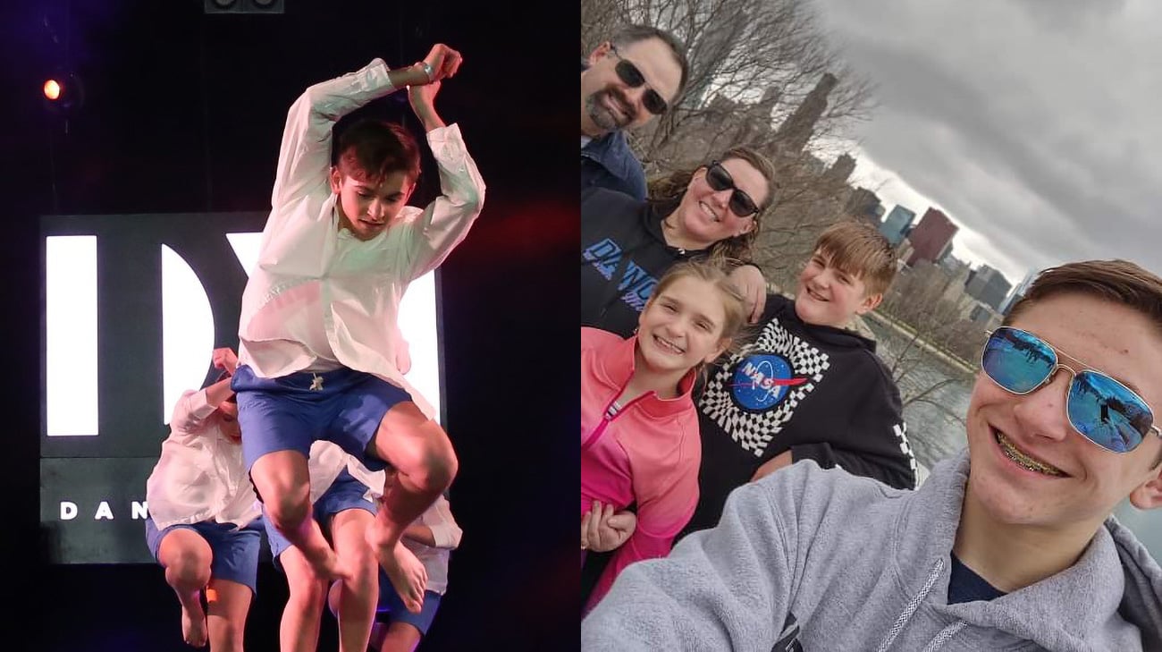 Keegan Oxley喜欢参加舞蹈比赛(左)，和家人在一起(右)。