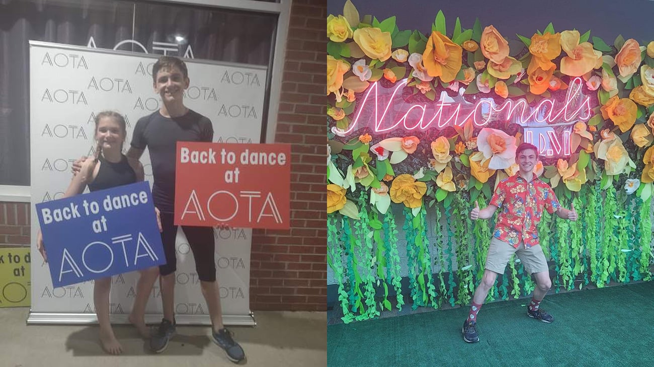 Keegan Oxley兴奋地在AOTA(左)和national(右)表演舞蹈。