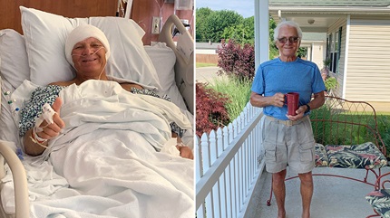 左图是卡尔·汉泽尔卡在医院里，右图是他在克利夫兰诊所做完手术恢复后的照片